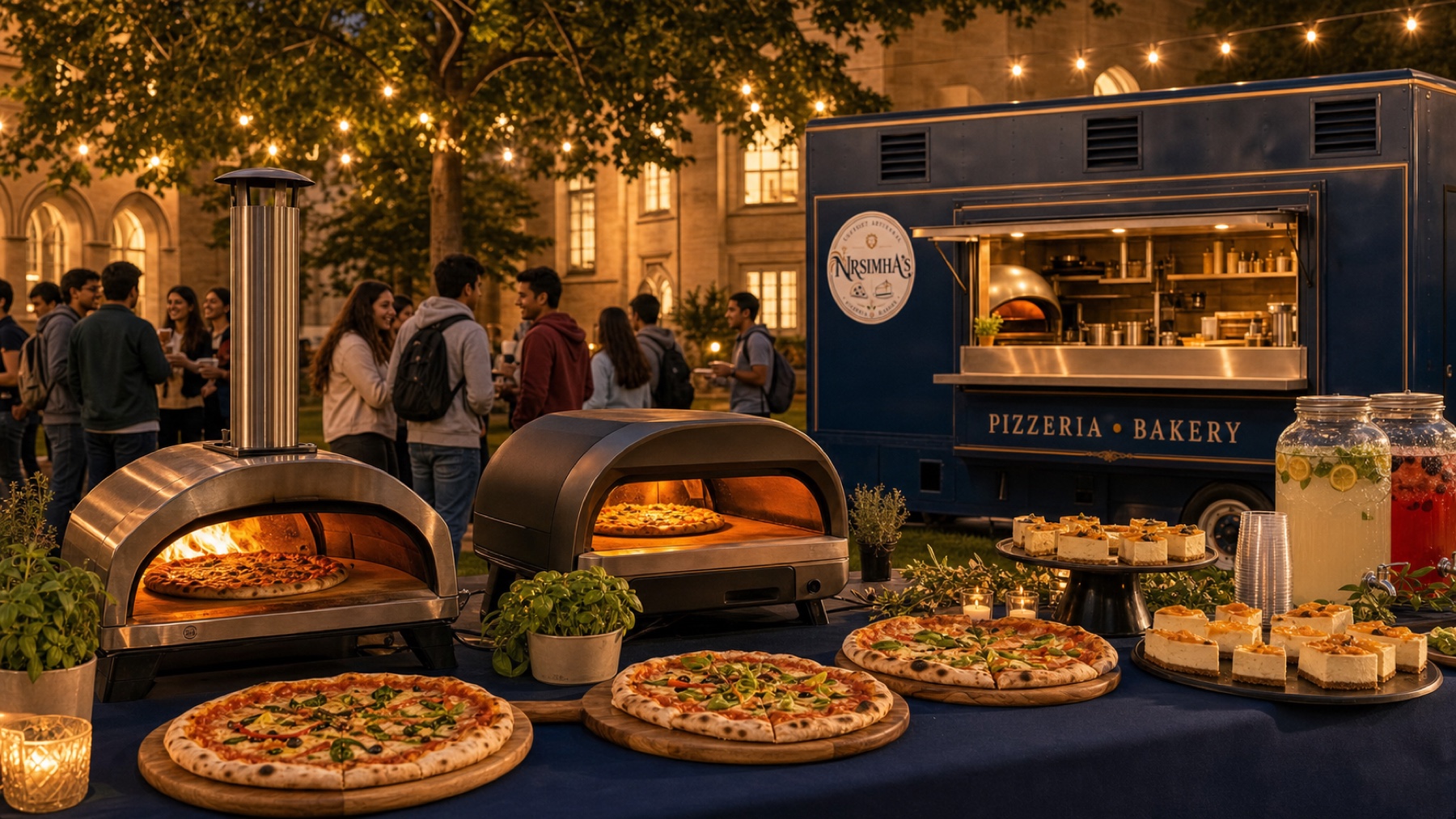 Nrsimha's catering buffet with portable pizza ovens, pizzas, cheesecakes, and food truck at a birthday party