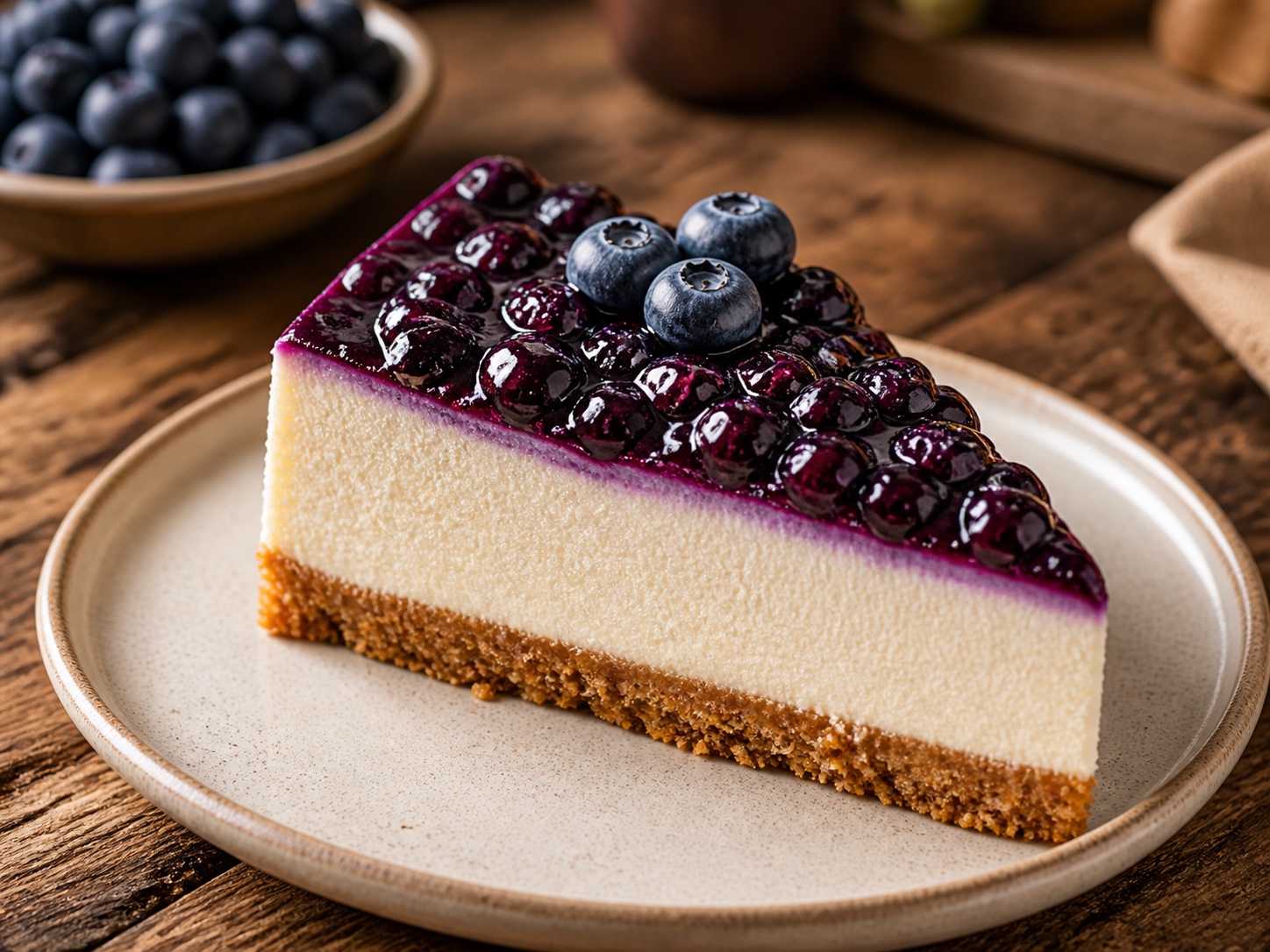 Blueberry cheesecake slice with glossy berry topping