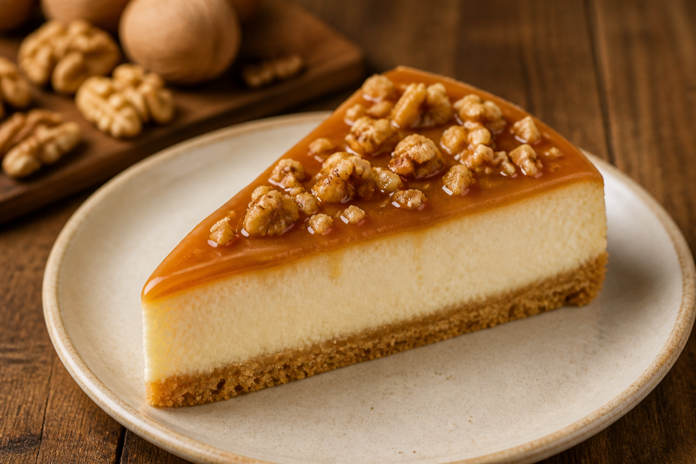 Caramel walnut cheesecake slice with caramel layer and walnut pieces