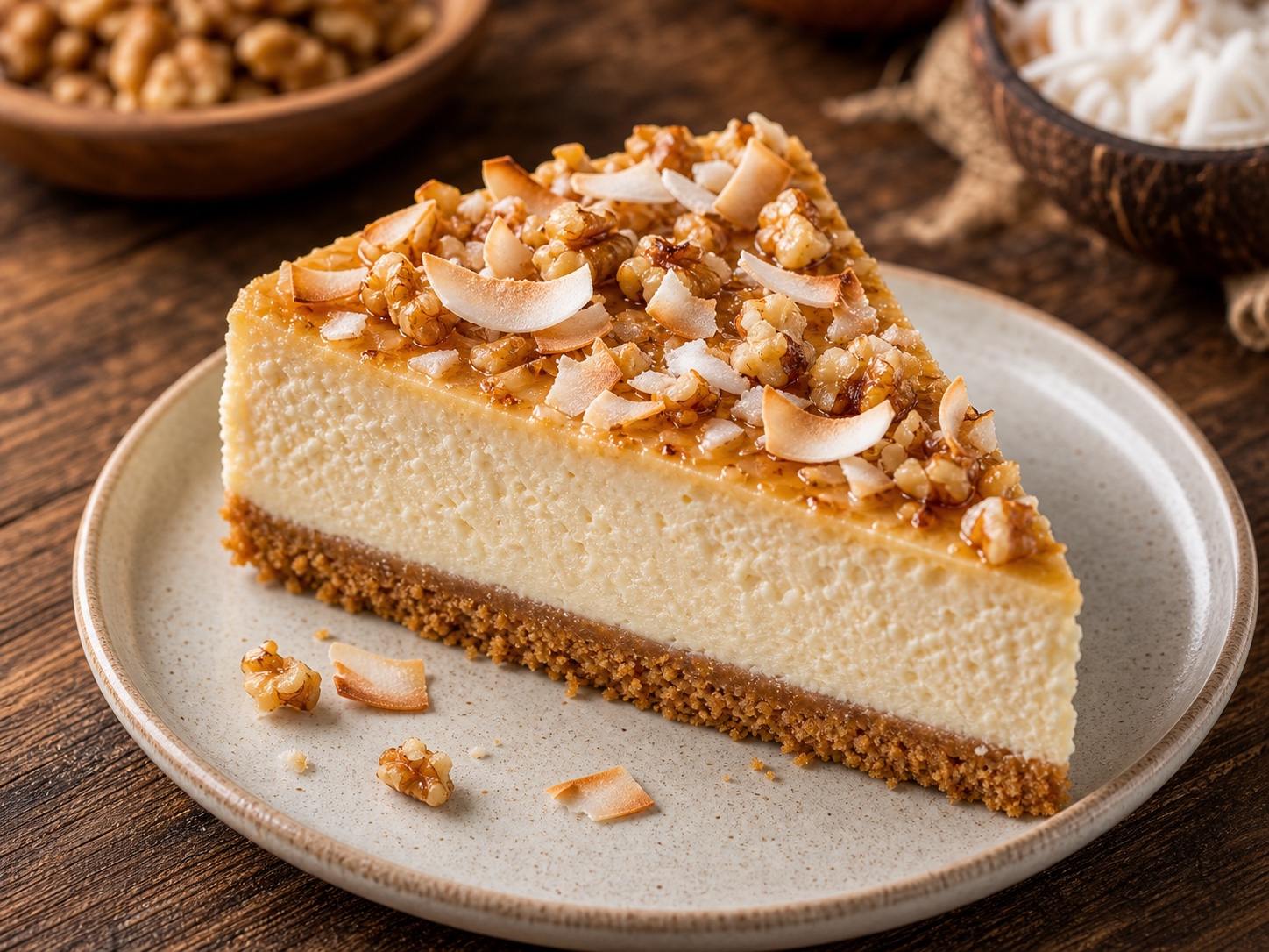 Coconut walnut cheesecake slice with nutty topping