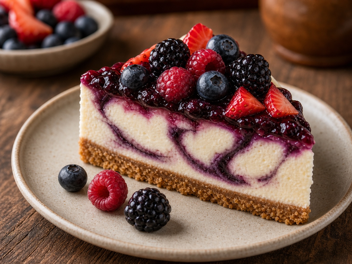 Mixed berry cheesecake slice with berry compote
