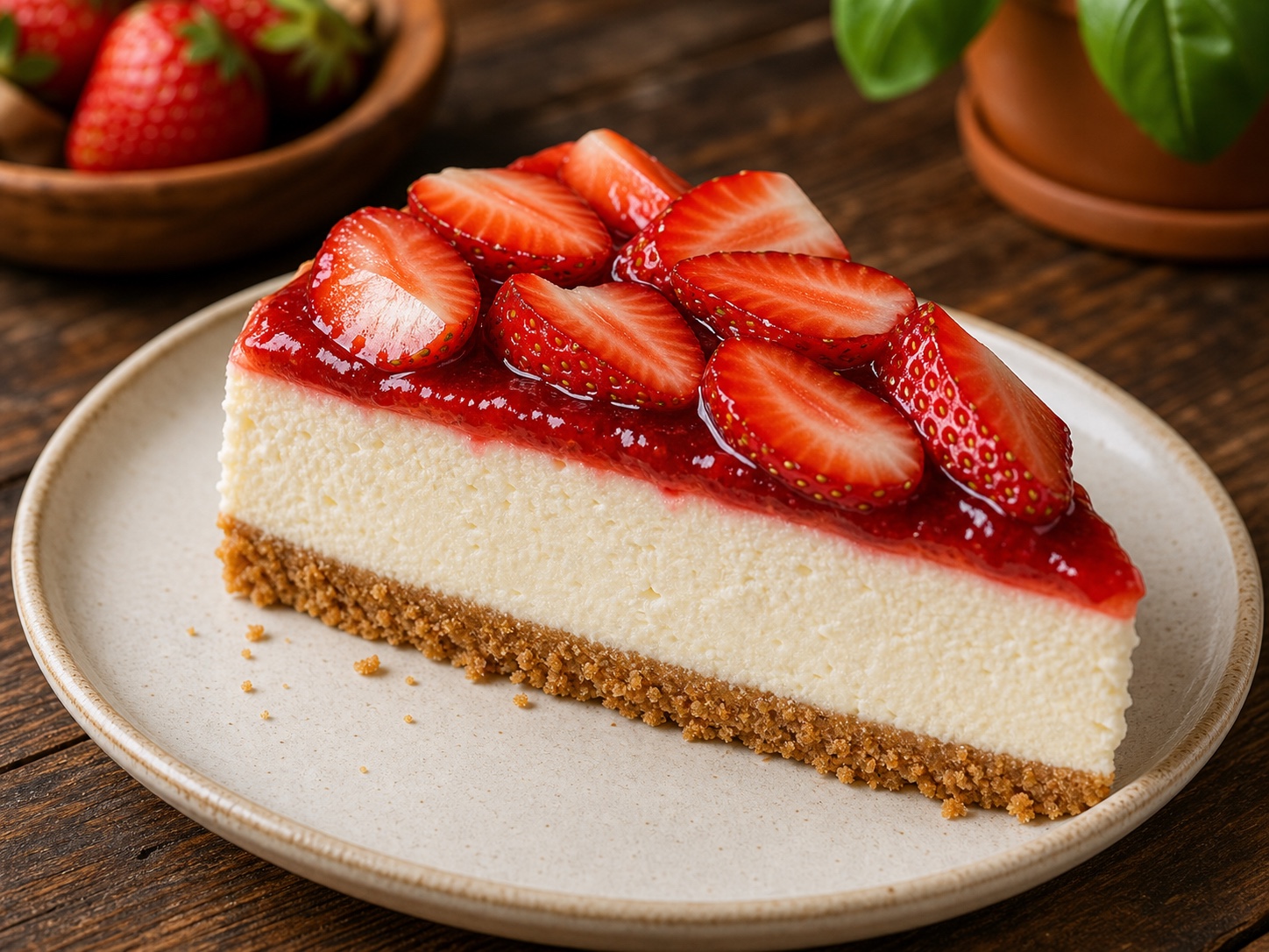 Strawberry cheesecake slice with fresh strawberry garnish
