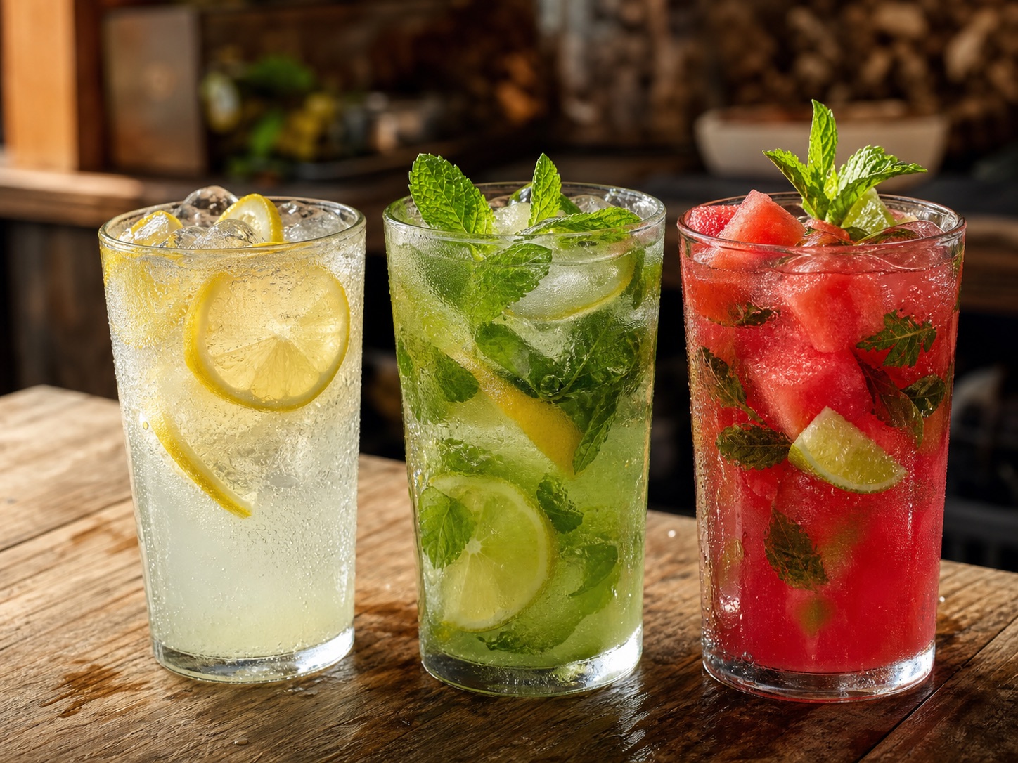 Fresh homemade lemonade, mint lemonade, and watermelon mojito mocktail
