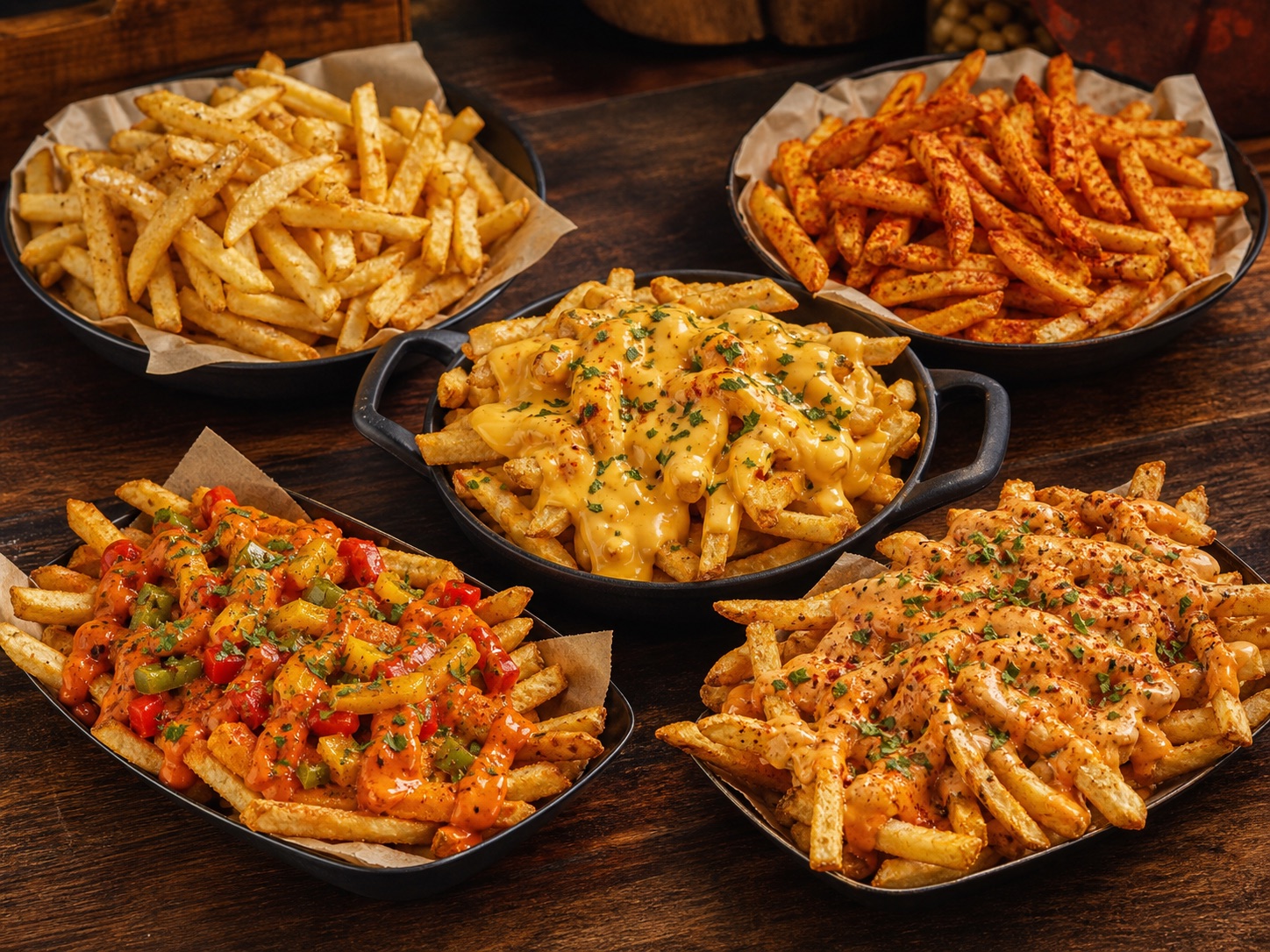 A spread of plain, peri peri, cheesy, Mexican, and spicy loaded vegetarian fries