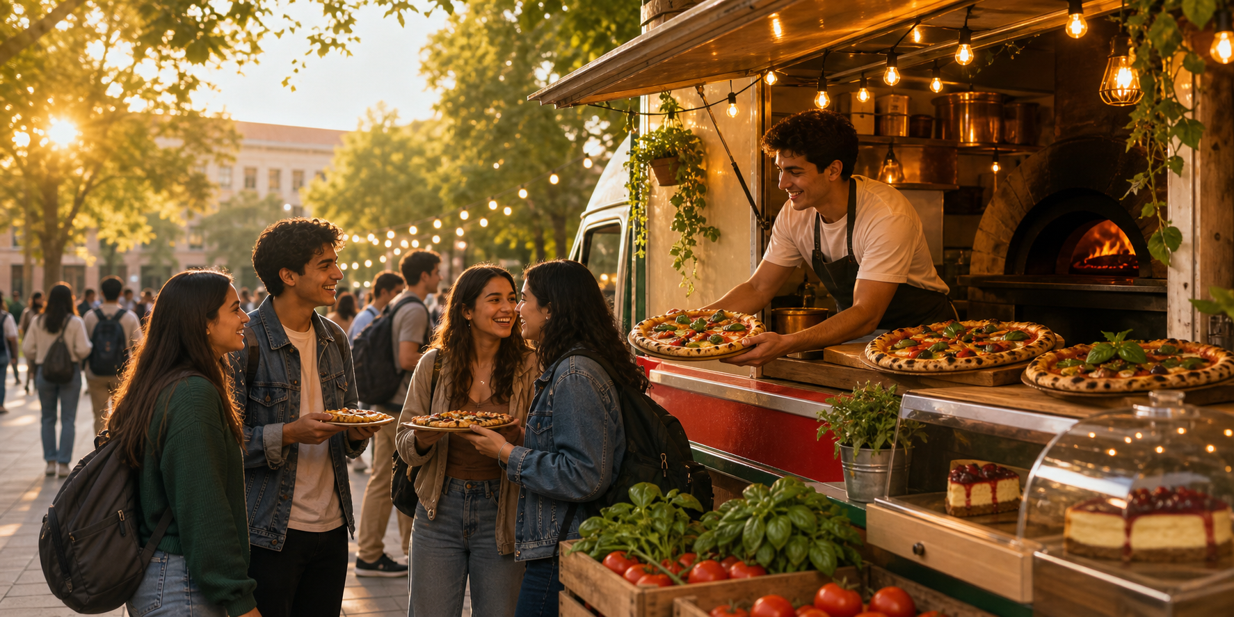 Students ordering vegetarian pizzas and cheesecakes from an Italian deli style food truck