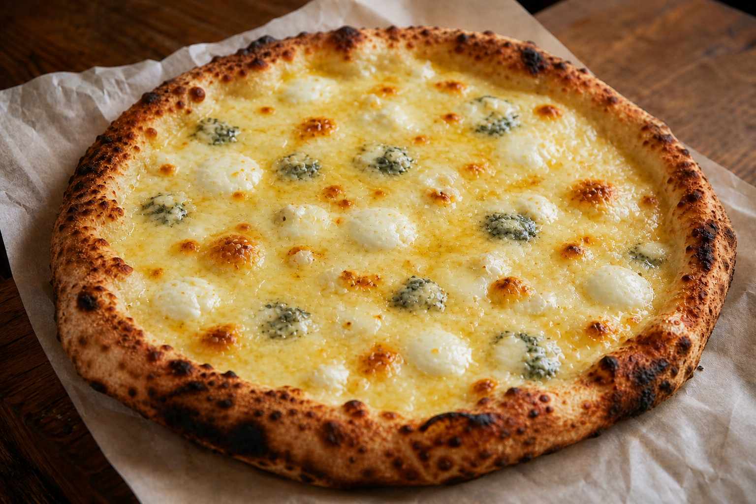 5 Cheese Bianca pizza with white sauce, melted cheese, and gorgonzola