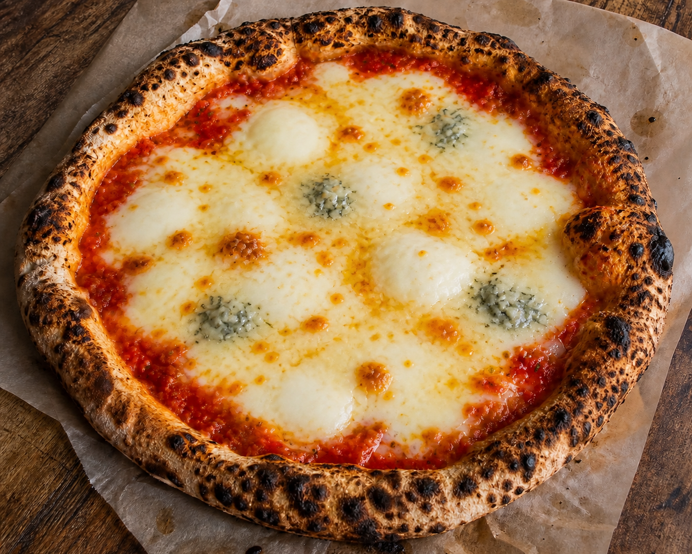 5 Cheese Rossa pizza with red sauce, melted cheese, and gorgonzola