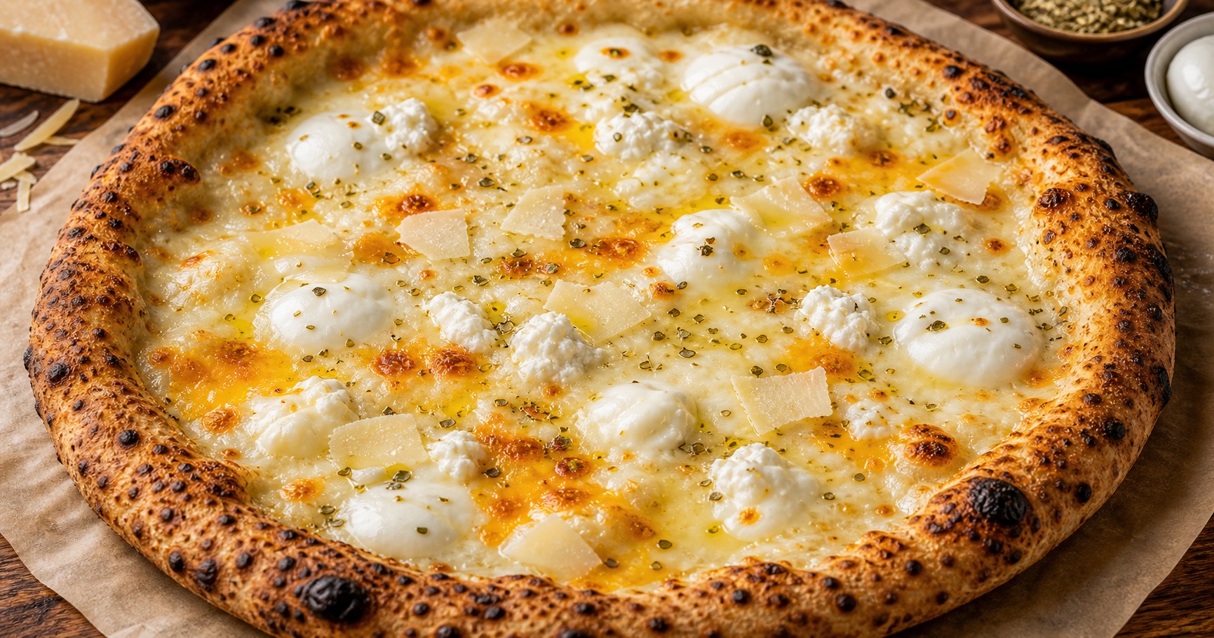 Five cheese pizza with burrata, buffalo mozzarella, cheddar, and parmesan