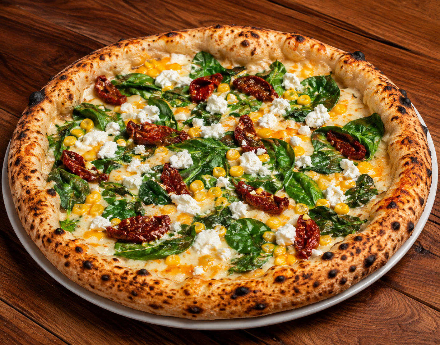 Pizza Caprino e Spinachi with spinach, corn, sundried tomatoes, mozzarella, cheddar, and goat cheese
