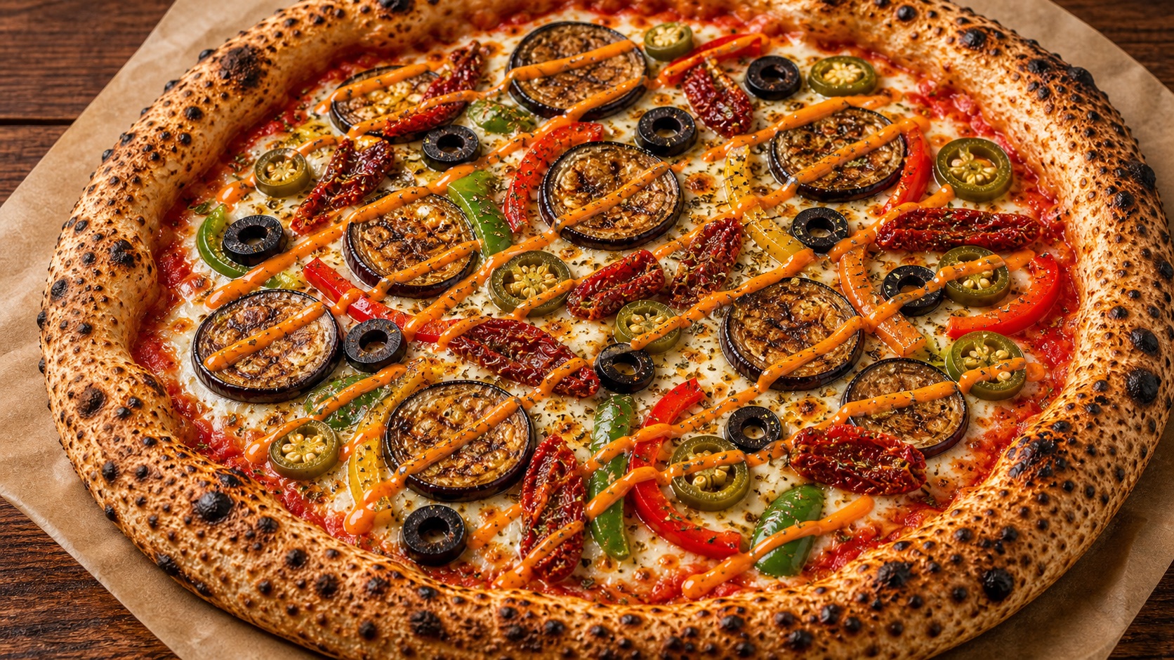 Spicy Pizza Del Rey with eggplant, sundried tomatoes, olives, jalapenos, bell peppers, and bright chipotle sauce
