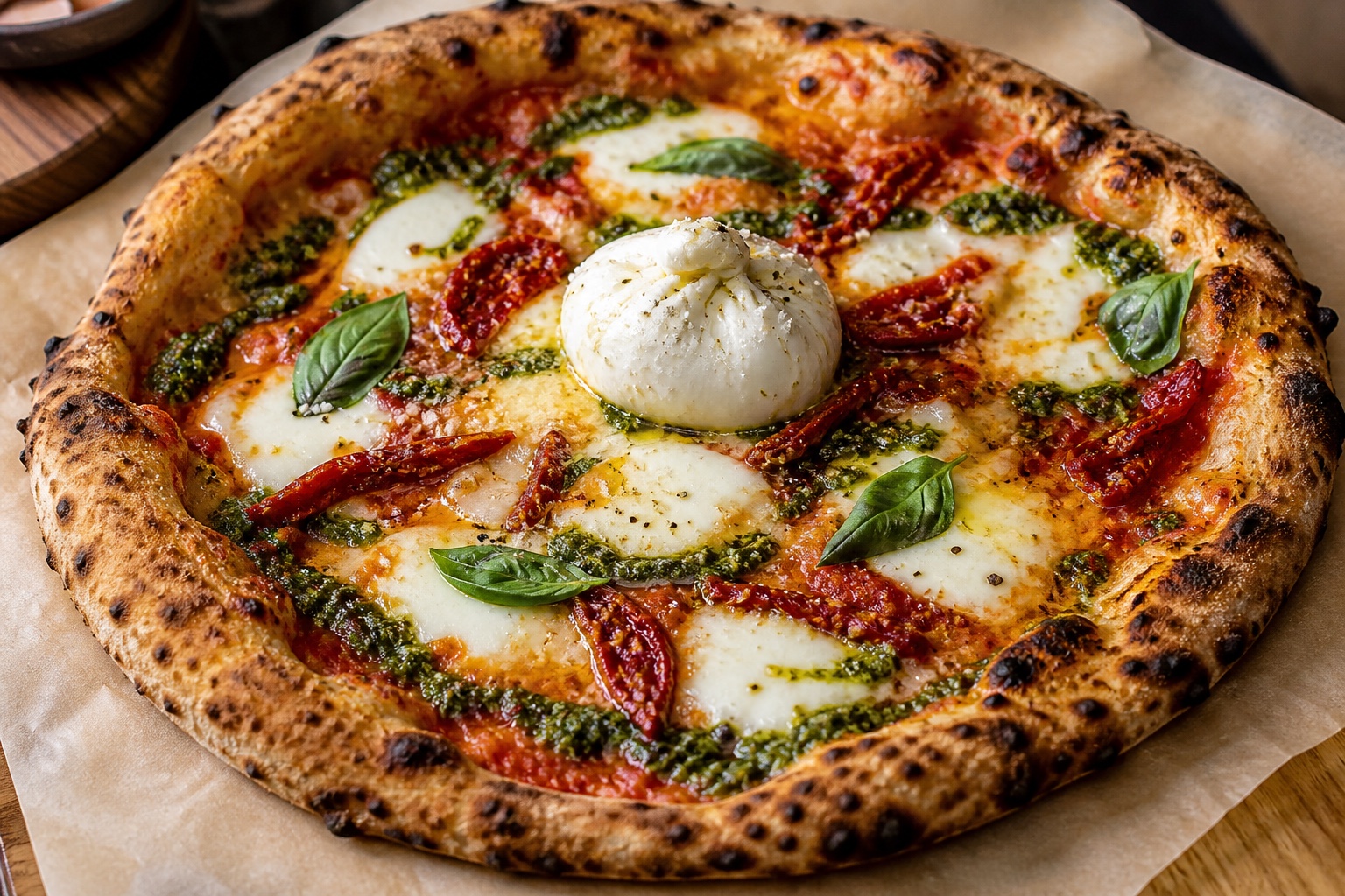 Pesto de Pomodoro pizza with sun dried tomatoes, pesto, burrata, and basil