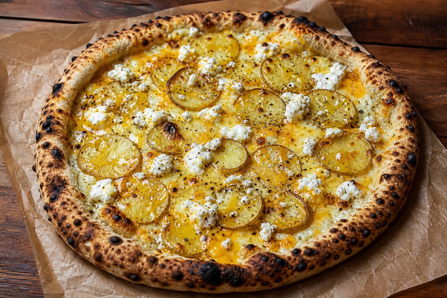 Pizza Potate with roasted potatoes, ricotta, feta, cheddar, and parmesan