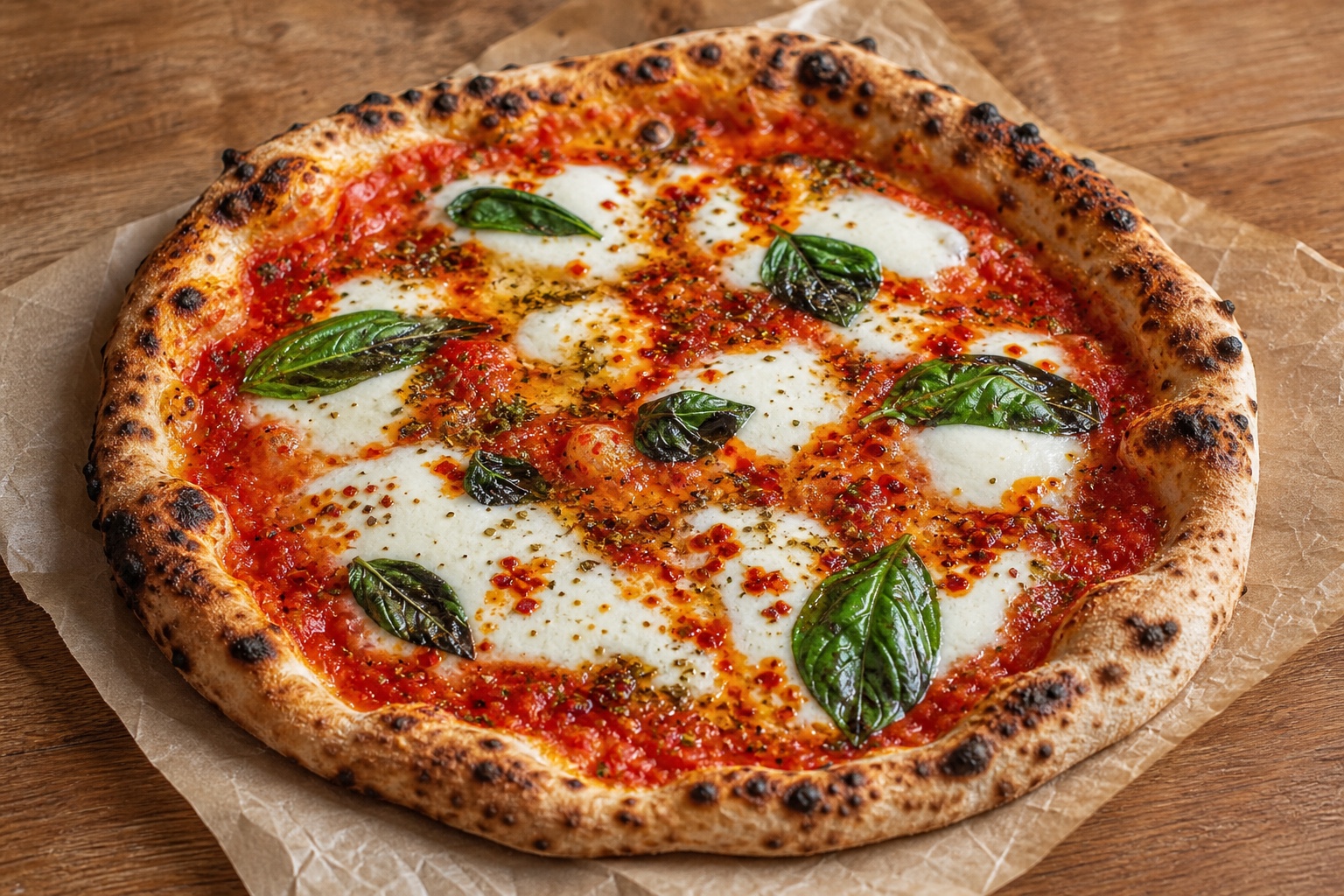 Spicy Margherita pizza with chilli oil, mozzarella, and basil