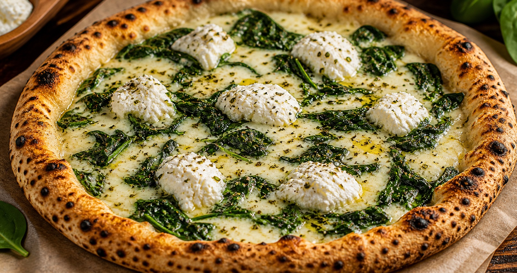 Spinachi pizza with spinach, ricotta, mozzarella, and parmesan