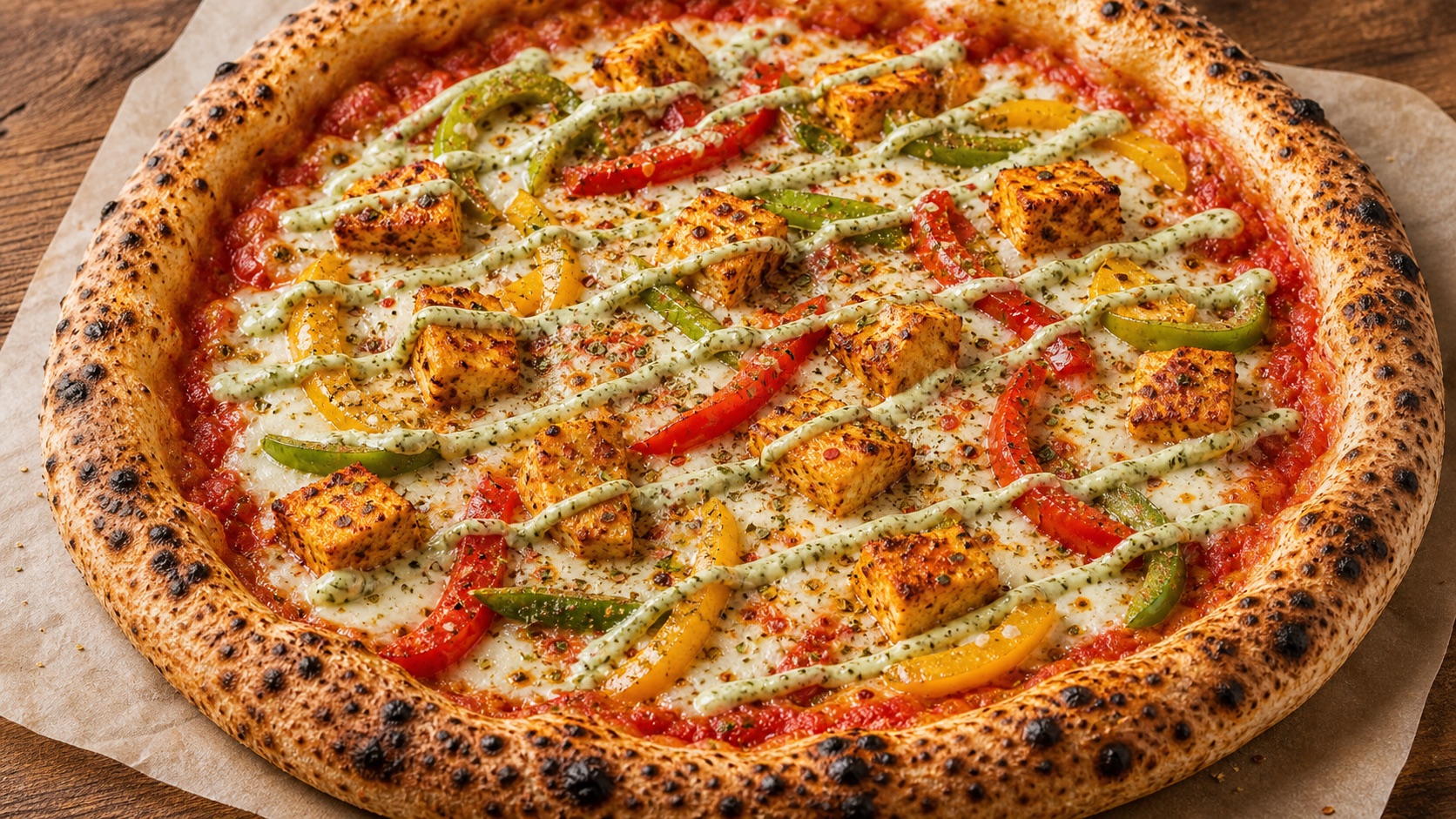 Tandoori paneer pizza with mint mayonnaise drizzle
