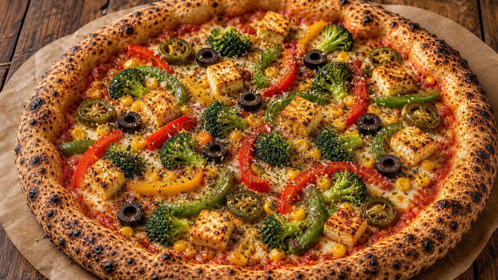 Ultimate Veggie pizza with paneer, broccoli, corn, bell peppers, olives, jalapenos, and briny red chilli capers