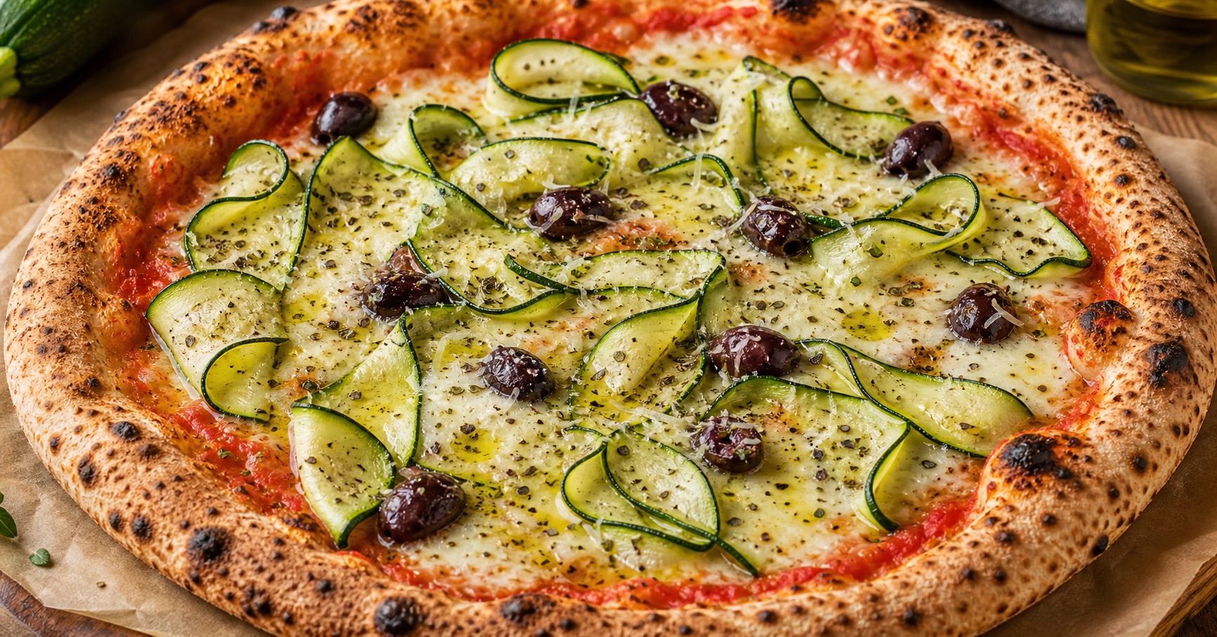 Zucchini pizza with olives, parmesan, and oregano